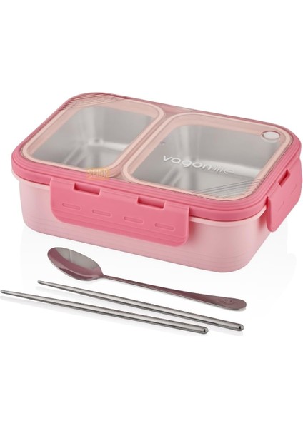 Bento 700ML Lunchbox Tek Katlı 2 Bölmeli Çelik Sefer Tası Yemek Kutusu (Pembe)