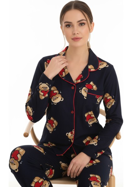 Luxury Soft Lacivert Ayıcık Desenli Uzun Kollu Kadın Pijama Takımı – 3057