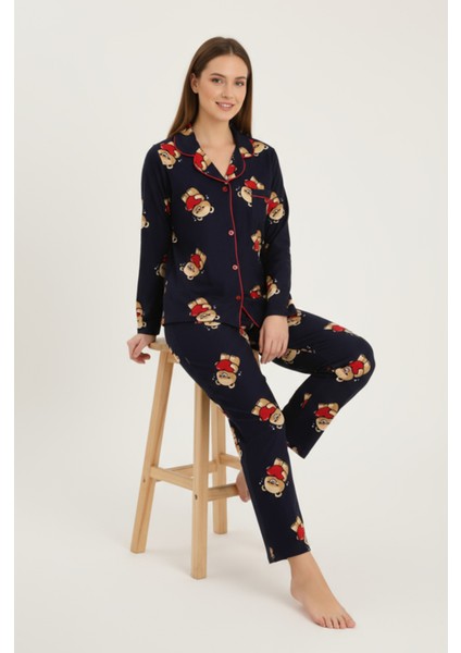 Luxury Soft Lacivert Ayıcık Desenli Uzun Kollu Kadın Pijama Takımı – 3057 fırsatları