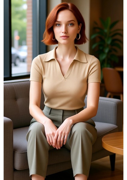 Moda Polo Yaka Örme Slim Slogan Desen Casual Günlük Crop Kısa Kol Bluz