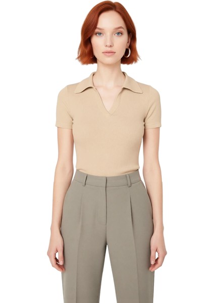 Moda Polo Yaka Örme Slim Slogan Desen Casual Günlük Crop Kısa Kol Bluz fiyatları