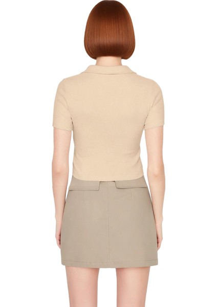 Moda Polo Yaka Örme Slim Slogan Desen Casual Günlük Crop Kısa Kol Bluz modelleri