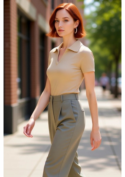 Moda Polo Yaka Örme Slim Slogan Desen Casual Günlük Crop Kısa Kol Bluz fırsatları