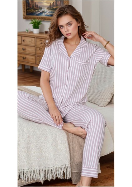 Kadın Lila Pamuklu Çizgili Patlı Pijama Takımı