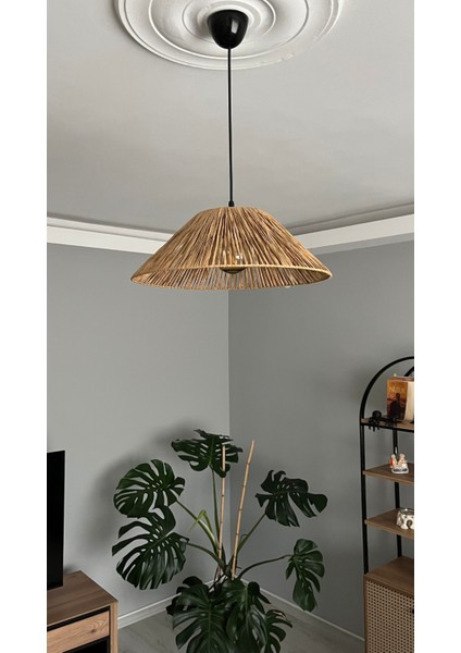 El Yapımı Doğal Kağıt Rafya - Bohem Rustik Hasır Salon,yatak Odası Sarkıt Avize (40 Cm) (Siyah Duy)