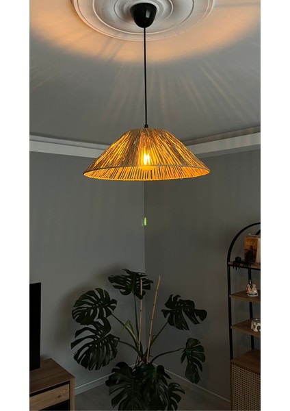 El Yapımı Doğal Kağıt Rafya - Bohem Rustik Hasır Salon,yatak Odası Sarkıt Avize (40 Cm) (Siyah Duy) fiyatları