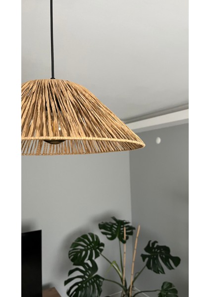 El Yapımı Doğal Kağıt Rafya - Bohem Rustik Hasır Salon,yatak Odası Sarkıt Avize (40 Cm) (Siyah Duy) fırsatları