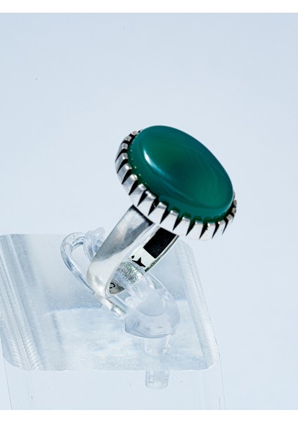 Oval Kesim Yeşil Onıx Taşlı 925 Ayar Gümüş Erkek Yüzük Tek Adet Mevcut