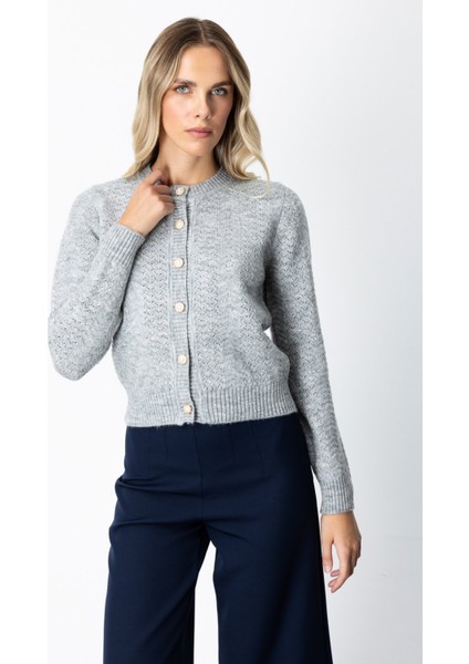 Kadın Düğmeli Sıfır Yaka Hırka 63903 Gri