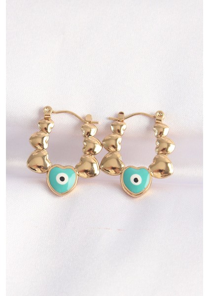 Bfs 316L Çelik Gold Renk Mavi Nazarlı Kalpli Model Küpe