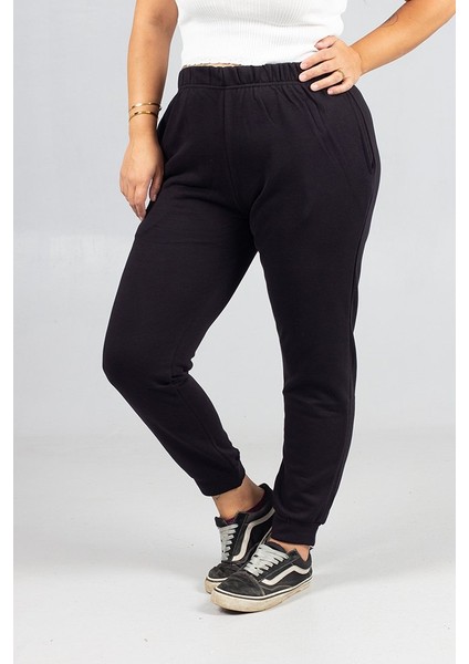 3 Iplik Penye Eşofman Altı Büyük Beden Siyah | Şardonsuz Rahat Kesim