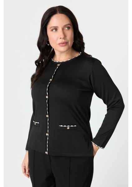 Büyük Beden Düğme Detaylı Triko Kazak-Siyah modelleri