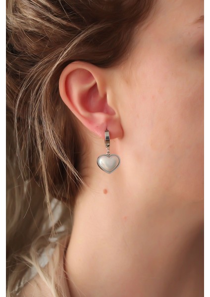 316L Çelik Gümüş Renk Beyaz Bombeli Kalp Küpe - Lisinya fiyatları