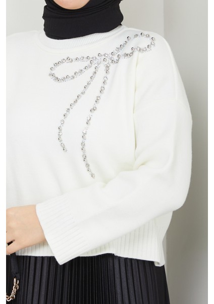 Fiyonk Detaylı Triko Taşlı Etek Üstü Crop Kazak fiyatları