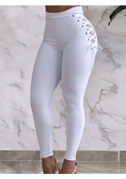 Aknbutik Kadın Yüksek Bel Çapraz Bağcıklı Tül Detaylı Dalgıç Tayt modelleri