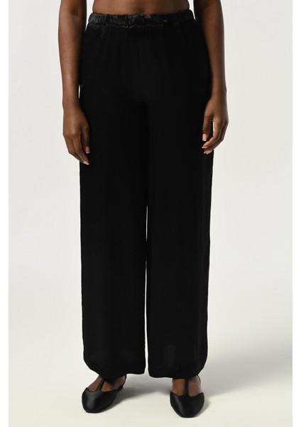 Kadın Beli Lastikli Bol Paça Düz Renk Viskon Kumaş Pantolon