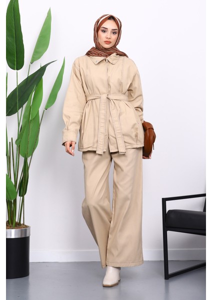 Bej Çıtçıtlı Ceket Pantolonlu Gabardin Takım