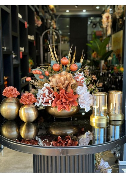 Yapay Çiçekli Antik Yassı Vazo 5 Parça Set No:6