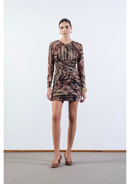 Damasca Yuvarlak Yaka Büzgülü Tül Elbise Haki