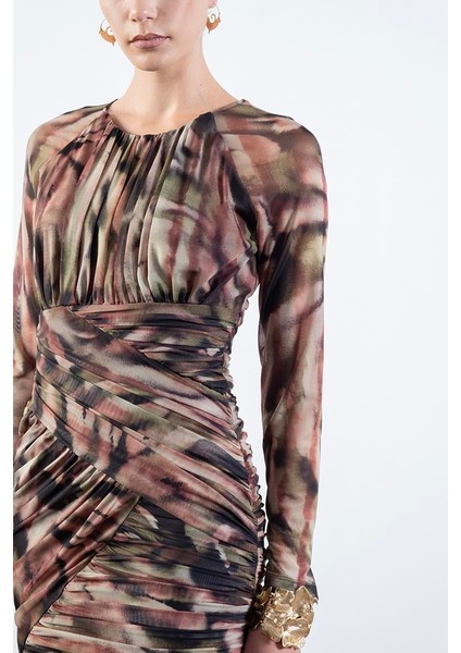 Damasca Yuvarlak Yaka Büzgülü Tül Elbise Haki modelleri