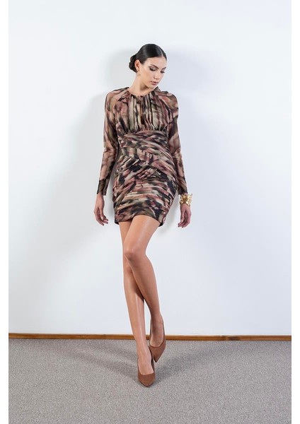 Damasca Yuvarlak Yaka Büzgülü Tül Elbise Haki fırsatları