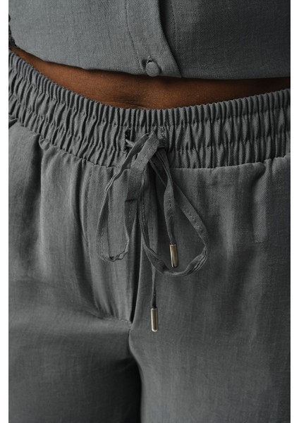 Kadın Beli Lastikli Bol Paça Önü Pul Payet Işlemeli Antrasit Pantolon fiyatları