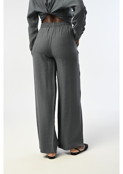 Kadın Beli Lastikli Bol Paça Önü Pul Payet Işlemeli Antrasit Pantolon modelleri