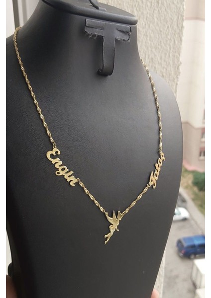 925 Ayar Gümüş 24 Ayar Altın Kaplama 2 Isimli Peri Figürlü Kolye