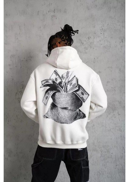 Erkek Kanguru Cep Baskılı Kapüşonlu Sweatshirt - Beyaz fiyatları