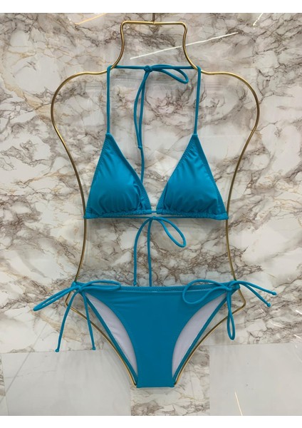 Kadın Likralı Esnek Yandan ve Boyundan Bağlamalı Şık Ipli Üçgen Bikini Takım