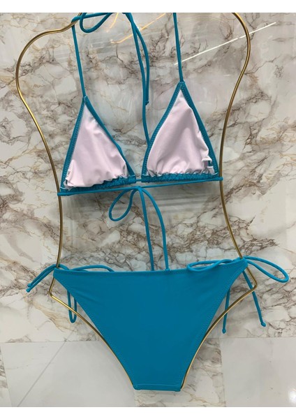 Kadın Likralı Esnek Yandan ve Boyundan Bağlamalı Şık Ipli Üçgen Bikini Takım modelleri