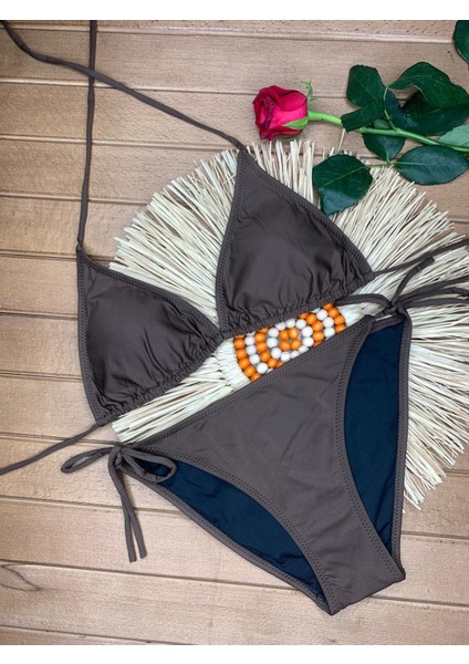 Kadın Likralı Esnek Yandan ve Boyundan Bağlamalı Şık Ipli Üçgen Bikini Takım