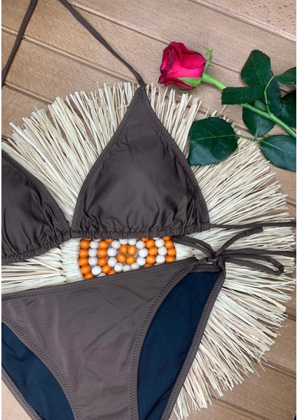 Kadın Likralı Esnek Yandan ve Boyundan Bağlamalı Şık Ipli Üçgen Bikini Takım fiyatları