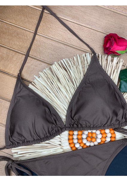 Kadın Likralı Esnek Yandan ve Boyundan Bağlamalı Şık Ipli Üçgen Bikini Takım fırsatları