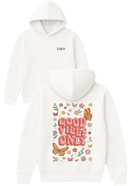 Çiçekli Good Vibes Only Tasarım Baskılı Oversize Beyaz Kapüşonlu Sweatshirt
