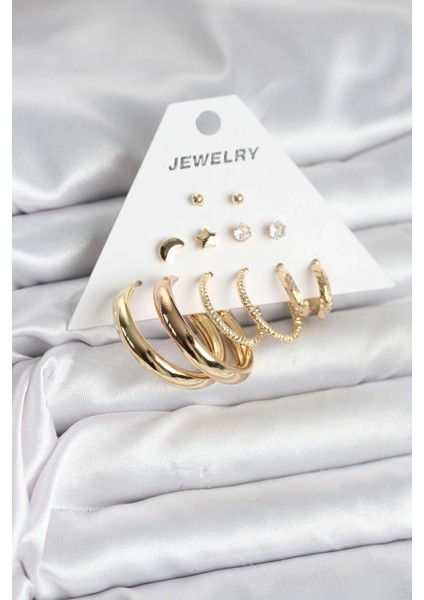 Gold Renk 6 Çiftli Pirinç Kadın Küpe Seti