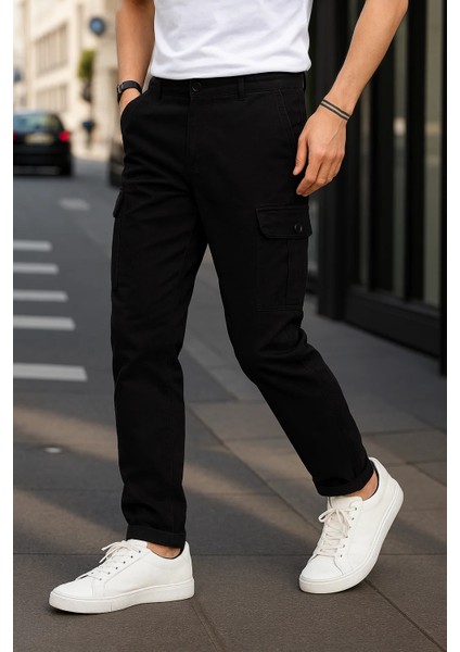 Erkek Günlük Trend Bol Paça Siyah Kargo Pantolon