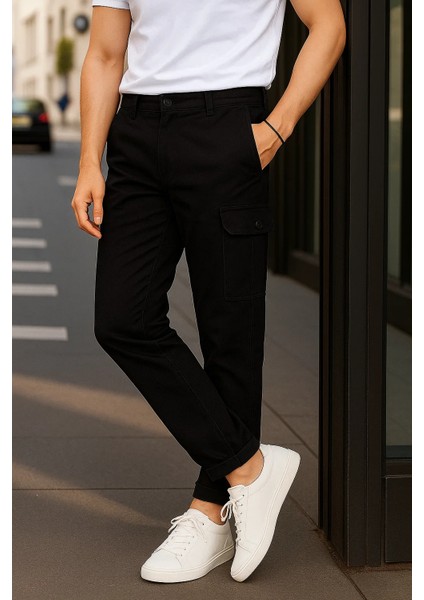 Erkek Günlük Trend Bol Paça Siyah Kargo Pantolon modelleri
