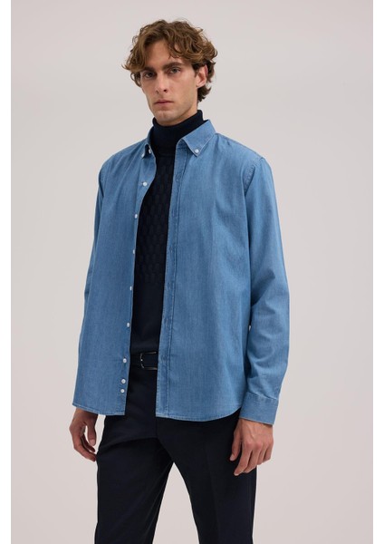 Lacivert Comfort Fit %100 Pamuk Denim Gömlek