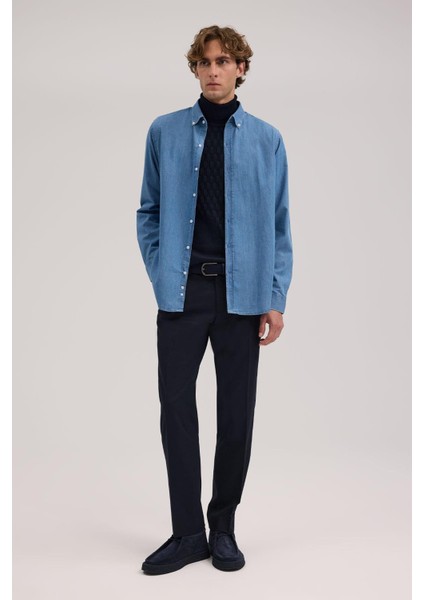 Lacivert Comfort Fit %100 Pamuk Denim Gömlek fiyatları