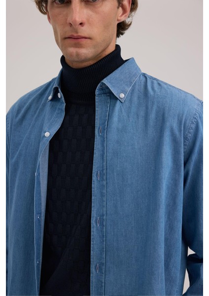 Lacivert Comfort Fit %100 Pamuk Denim Gömlek modelleri