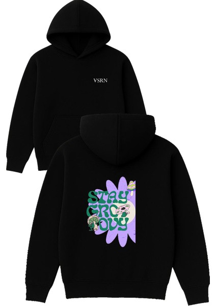 Stay Groovy Tasarım Baskılı Oversize Siyah Kapüşonlu Sweatshirt