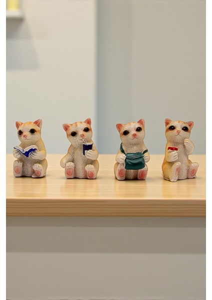 Student Cats Mini Figür Seti (4'lü) - Sevimli Tekir Kedi Çalışma Odası Biblosu