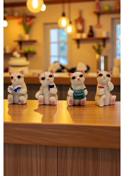 Student Cats Mini Figür Seti (4'lü) - Sevimli Tekir Kedi Çalışma Odası Biblosu fiyatları