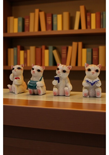Student Cats Mini Figür Seti (4'lü) - Sevimli Tekir Kedi Çalışma Odası Biblosu modelleri