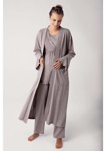 Kadın Uzun Kollu Esnek Pamuklu Hamile Sabahlık Pijama TAKIMI13300