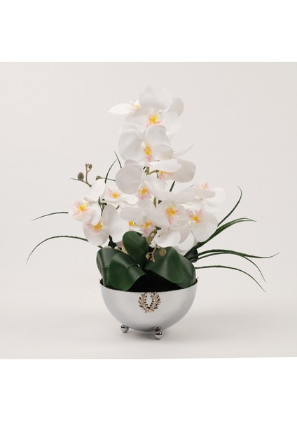 Yapay Orkideli Armalı Gümüş Vazo