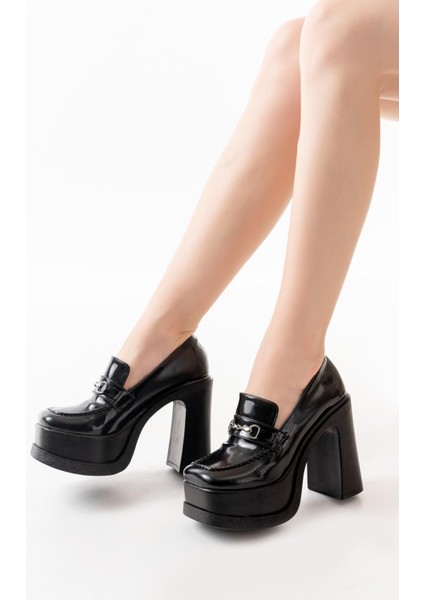 Kadın Mila Loafer Model 12 cm Platform Topuklu Ayakkabı Siyah Rugan fiyatları