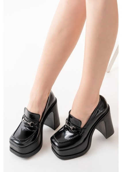 Kadın Mila Loafer Model 12 cm Platform Topuklu Ayakkabı Siyah Rugan modelleri