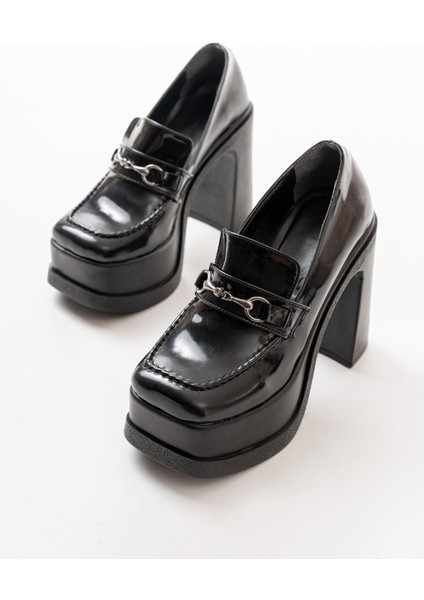 Kadın Mila Loafer Model 12 cm Platform Topuklu Ayakkabı Siyah Rugan indirimleri